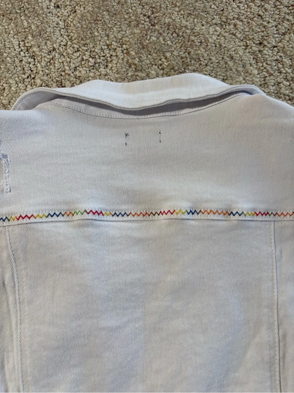 Coco + Carmen Women’s White Denim Jacket with Rainbow Stitching